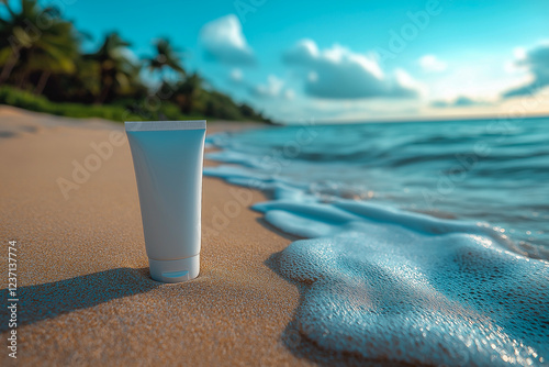 a white tube of cosmetic cream without labels on the background of the beach.