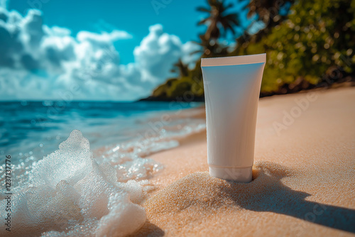 a white tube of cosmetic cream without labels on the background of the beach.