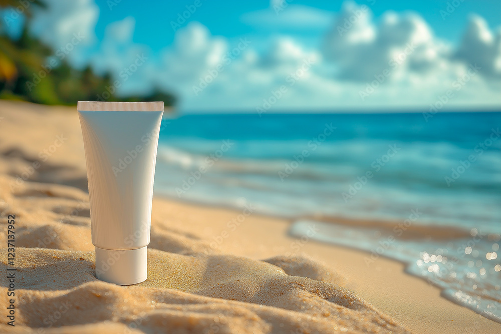 a white tube of cosmetic cream without labels on the background of the beach.