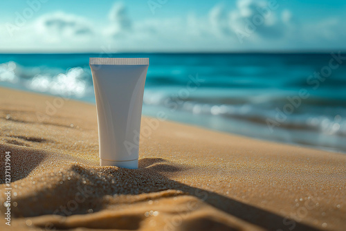 a white tube of cosmetic cream without labels on the background of the beach.