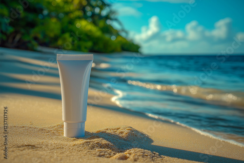 a white tube of cosmetic cream without labels on the background of the beach.
