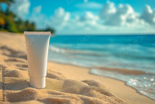 a white tube of cosmetic cream without labels on the background of the beach.