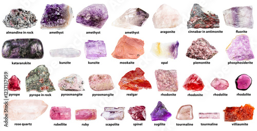 rough pink minerals with names isolated photo