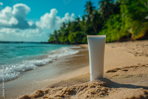 a white tube of cosmetic cream without labels on the background of the beach.
