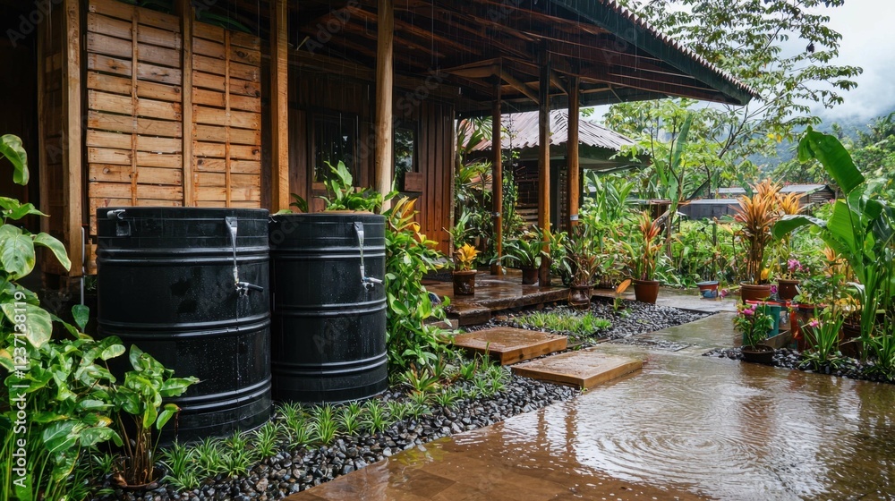 Obraz premium Charming Wooden Cabin Surrounded by Lush Greenery and Rainwater