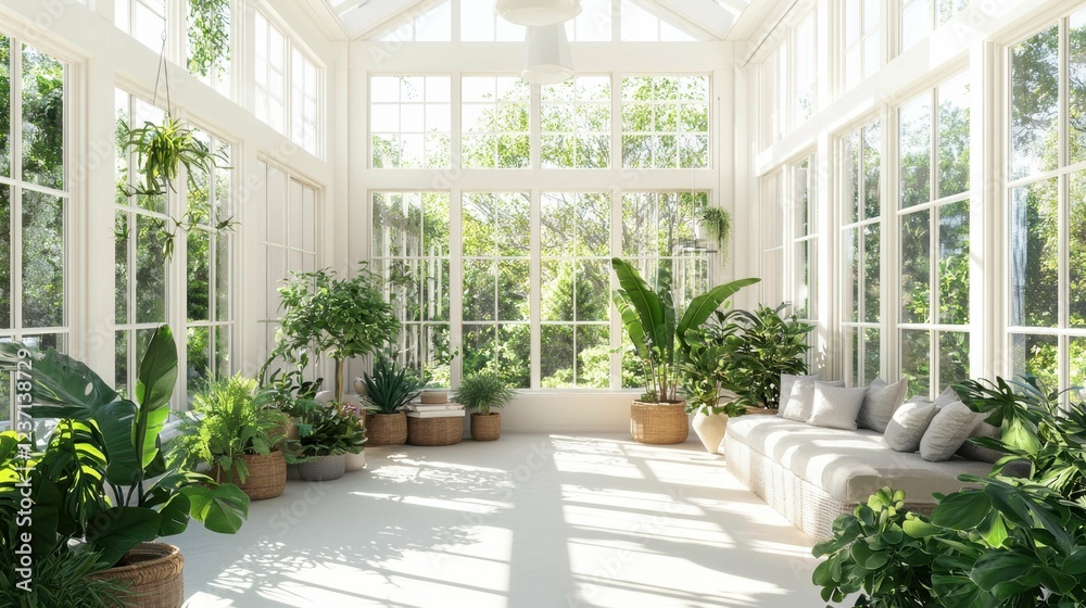 Fototapeta premium Bright and Lush Indoor Conservatory with Abundant Green Plants
