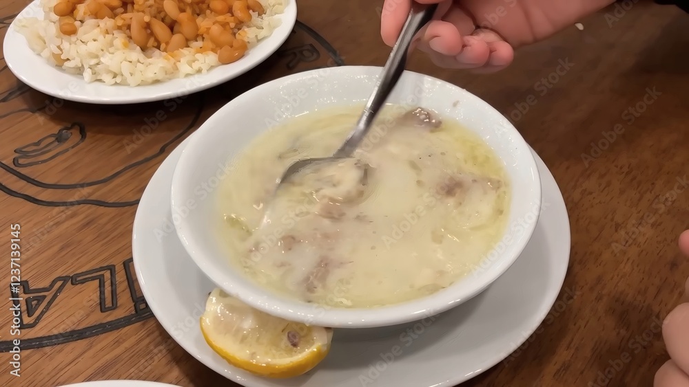 A Savory Turkish Lamb Soup, Garnished with Lemon and Served with Rice and Beans A Savory Turkish Lamb Soup, Garnished with Lemon and Served with Rice and Beans