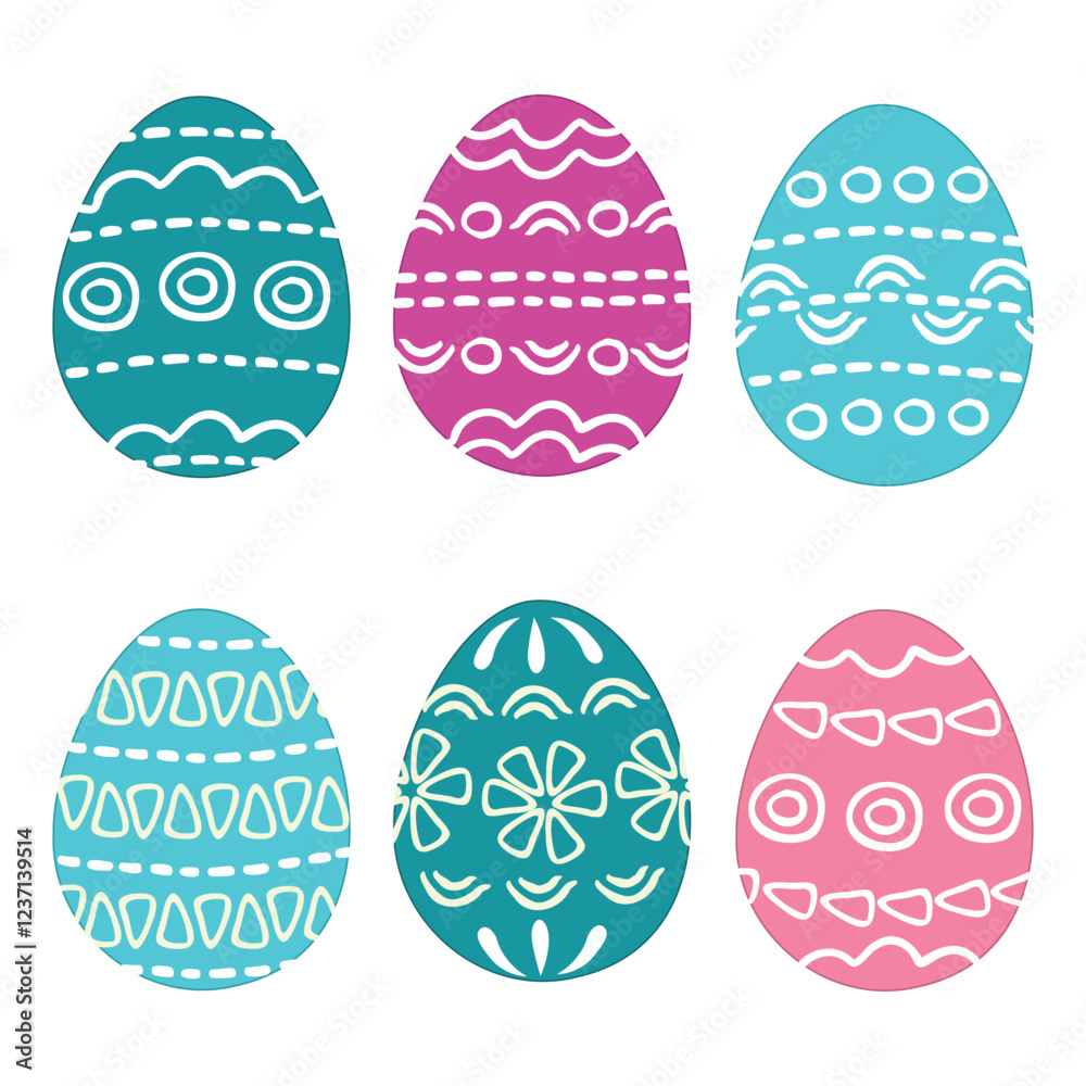 Easter eggs with hand drawn ethnic ornamets. Blue, pink, lilac colors elements and linear pattern. Vector design set isolated on white. Decor for cards, posters, banners. Flat color illustration. Easter eggs with hand drawn ethnic ornamets. Blue, pink, lilac colors elements and linear pattern. Vector design set isolated on white. Decor for cards, posters, banners. Flat color illustration.