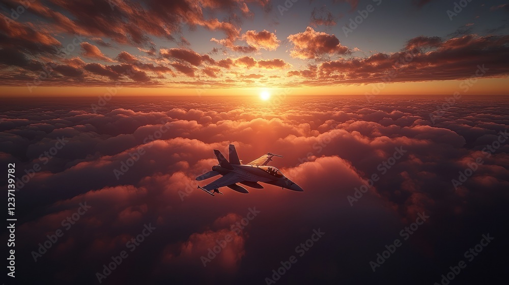 Obraz premium Sunset Flight: Fighter Jet Above Cloudscape