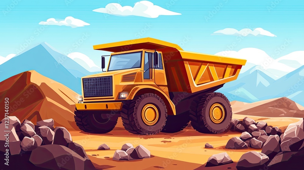 Obraz premium Yellow Dump Truck In Mountainous Quarry Setting