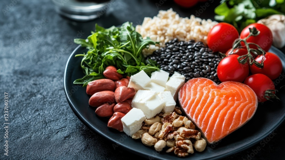 An artistic arrangement of healthy foods in a heart shape, featuring salmon, nuts, and vegetables, symbolizing love for health and nourishment. An artistic arrangement of healthy foods in a heart shape, featuring salmon, nuts, and vegetables, symbolizing love for health and nourishment.