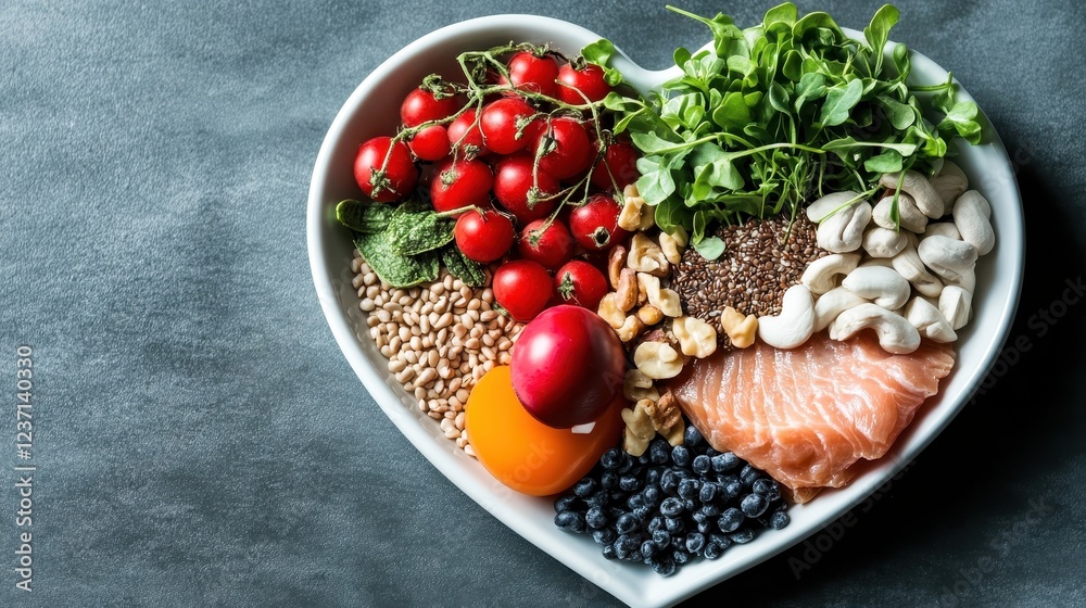 An aesthetically arranged heart-shaped platter showcasing colorful, nutritious foods like fresh greens, fruits, and fish, promoting health and well-being. An aesthetically arranged heart-shaped platter showcasing colorful, nutritious foods like fresh greens, fruits, and fish, promoting health and well-being.