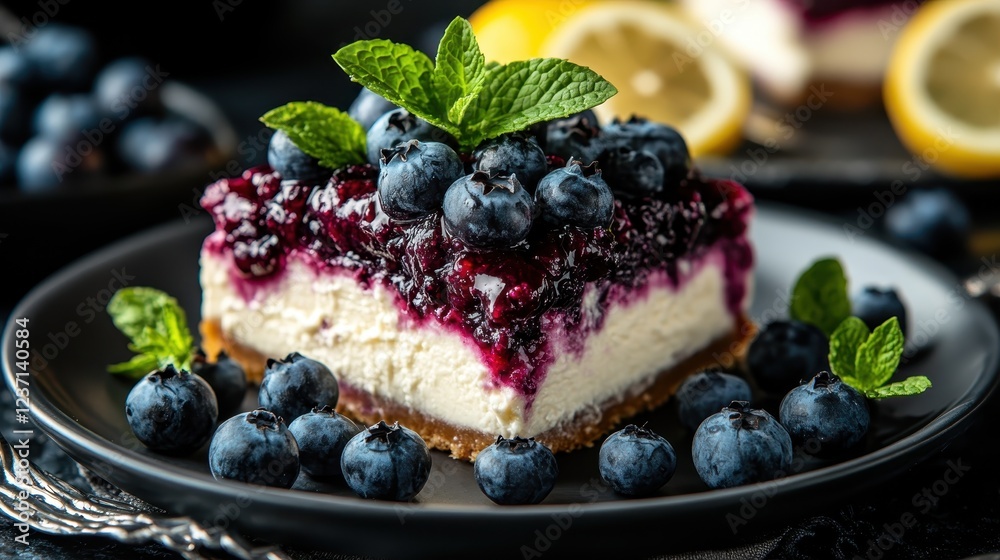 This delightful blueberry cheesecake is topped with fresh blueberries and lemon slices, presenting a visually appealing and mouthwatering dessert perfect for any occasion. This delightful blueberry cheesecake is topped with fresh blueberries and lemon slices, presenting a visually appealing and mouthwatering dessert perfect for any occasion.