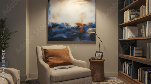 Fototapeta Naklejka Na Ścianę i Meble -  A cozy reading nook featuring a large sculptural wall art piece that creates a focal point, adding depth to the space and inviting relaxation and creativity. Sculptural Depth. Illustration