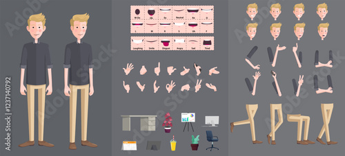 Stylized Man Character Creation Set, Cartoon Caucasian Man with Movable Joints for easy rigging and Animation, Lip-sync, Hand Gestures, Emotions and Poses, Premium Vector