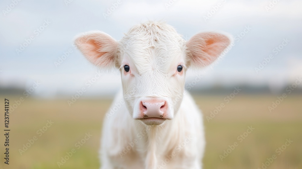 White calf in pasture, farm background, adorable livestock White calf in pasture, farm background, adorable livestock