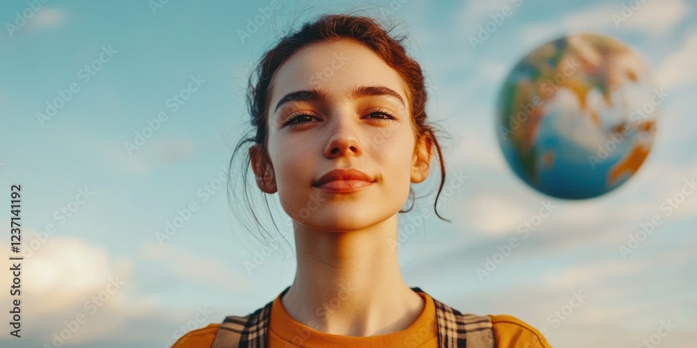 Naklejka premium A young woman with a backpack, standing against a backdrop of the sky and Earth, symbolizing eco-conscious travel and environmental stewardship.