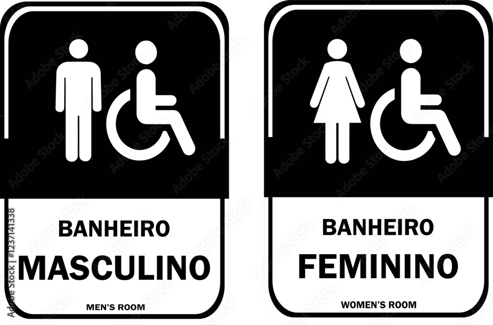 Placa para Banheiros Masculino e Feminino. Estilo Moderno. Nos Tons Preto e Branco.