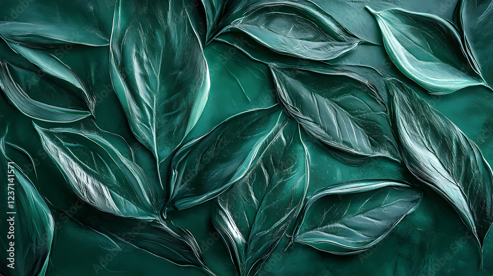 Abstract botanical artwork featuring emerald green leaves with sculptural textures, glossy resin finish creating depth and dimension. Sculptural Depth. Illustration Abstract botanical artwork featuring emerald green leaves with sculptural textures, glossy resin finish creating depth and dimension. Sculptural Depth. Illustration