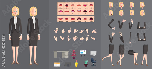 Stylized Businesswoman Character Creation Pack, Cartoon woman Wearing Black Suit with Movable Joints for rigging and Animation, Lip-sync, Hand Gestures, Emotions and Poses, Premium Vector