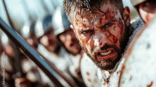 A close-up of rugged warriors in battle gear, displaying their fierce determination and resilience, capturing the essence of historical strength and bravery. photo