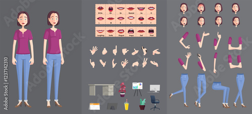 Stylized Woman Character Creation Set, Cartoon woman with Movable Joints for easy rigging and Animation, Lip-sync, Hand Gestures, Emotions and Poses, Premium Vector