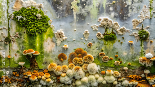 Mushrooms growing on a wall covered with moss and lichen photo