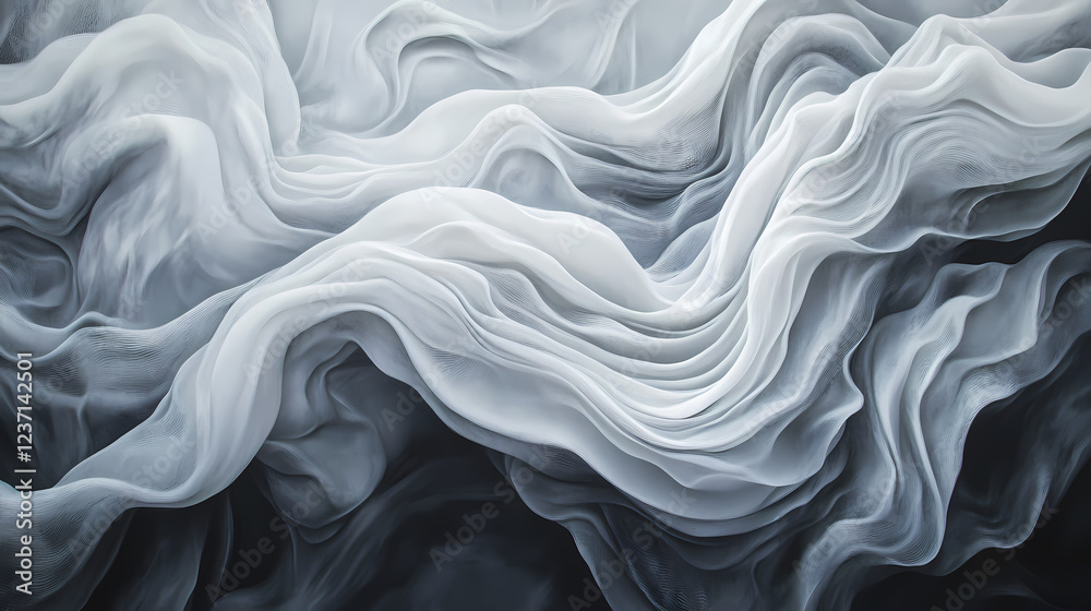 Obraz premium Abstract texture featuring flowing lines of white and gray materials in a wave-like pattern, highlighting artistic depth and elegance. Sculptural Depth. Illustration