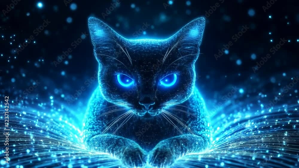 Cat is sitting in a blue swirl of light. The cat is looking at the camera with its eyes wide open. The blue swirl of light creates a dreamy, otherworldly atmosphere