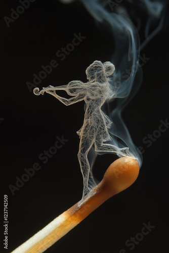 Artistic Smoke Sculpture of Ballet Violinist Emerging from Burning Matchstick