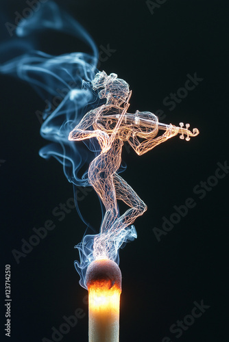 Artistic Smoke Sculpture of Ballet Violinist Emerging from Burning Matchstick