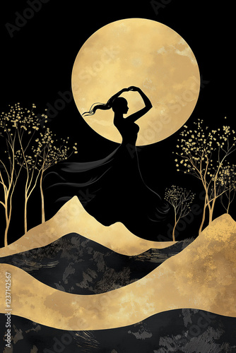 Elegant Silhouette of Woman Dancing Against Golden Full Moon at Night, gothic style