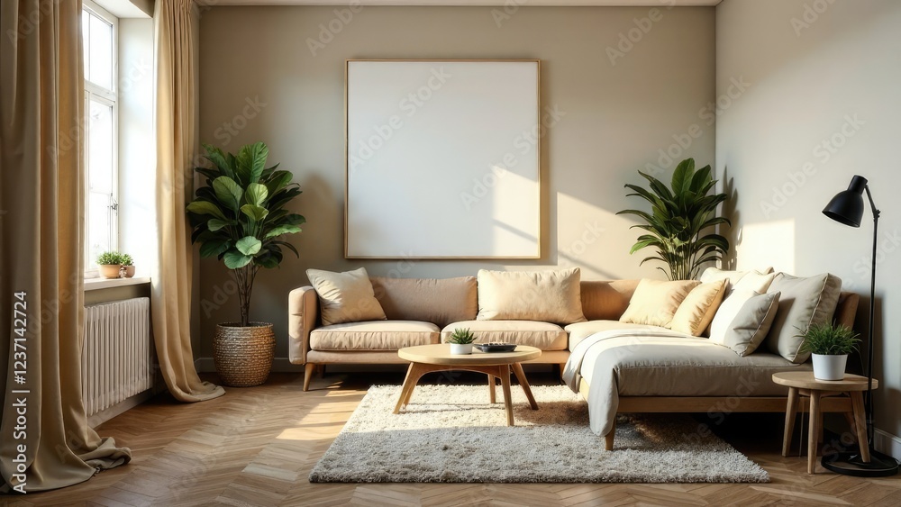 Perfectly clean and comfortable room. Bright room in sunlight with green plants in beige tones. Mocha mousse Perfectly clean and comfortable room. Bright room in sunlight with green plants in beige tones. Mocha mousse