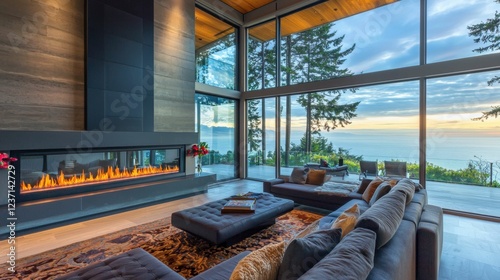 Modern living room with fireplace and stunning ocean view at sunset