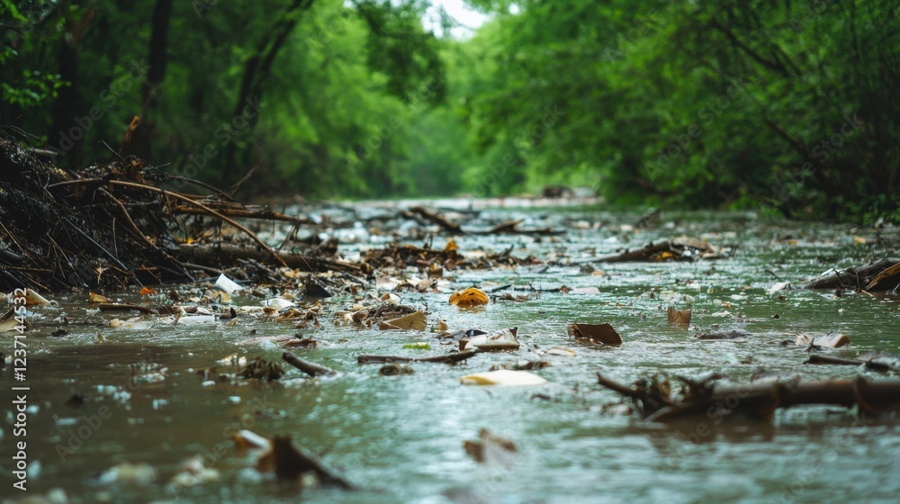 Fototapeta premium Littered Waterway Surrounded by Lush Green Trees in Wet Environment
