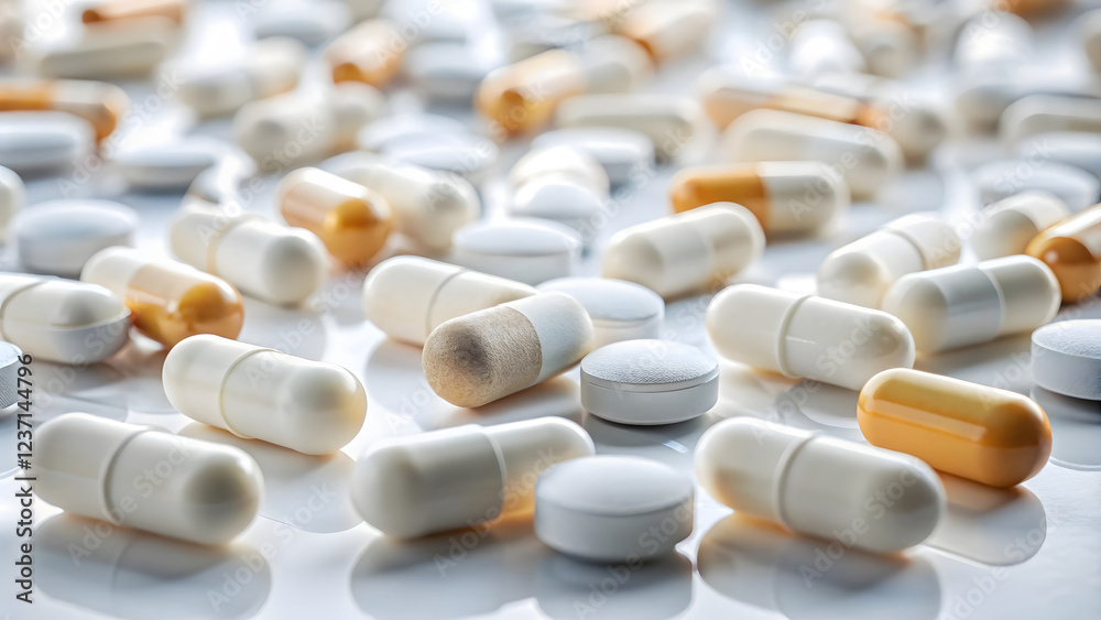 Pills and capsules on white background, closeup. Focus on foreground Pills and capsules on white background, closeup. Focus on foreground