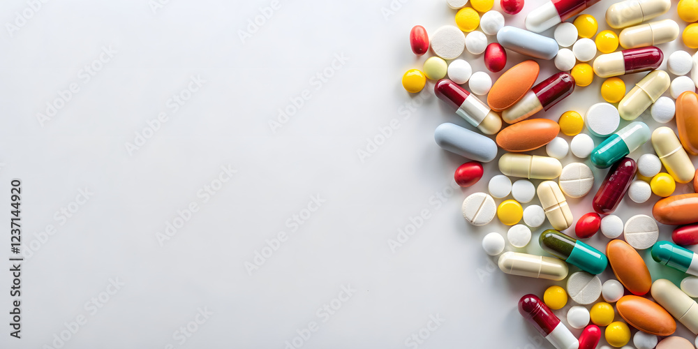 Colorful pills and capsules on white background with copy space for text