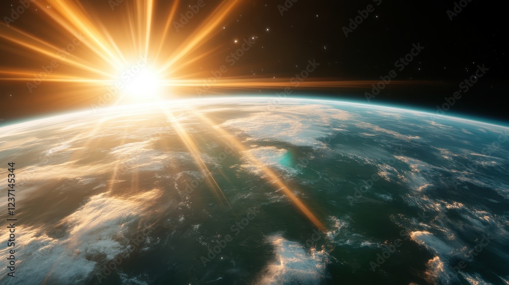 A breathtaking view of Earth from space, with a glorious sunrise illuminating the horizon and radiating beams of light, symbolizing hope and new beginnings. A breathtaking view of Earth from space, with a glorious sunrise illuminating the horizon and radiating beams of light, symbolizing hope and new beginnings.