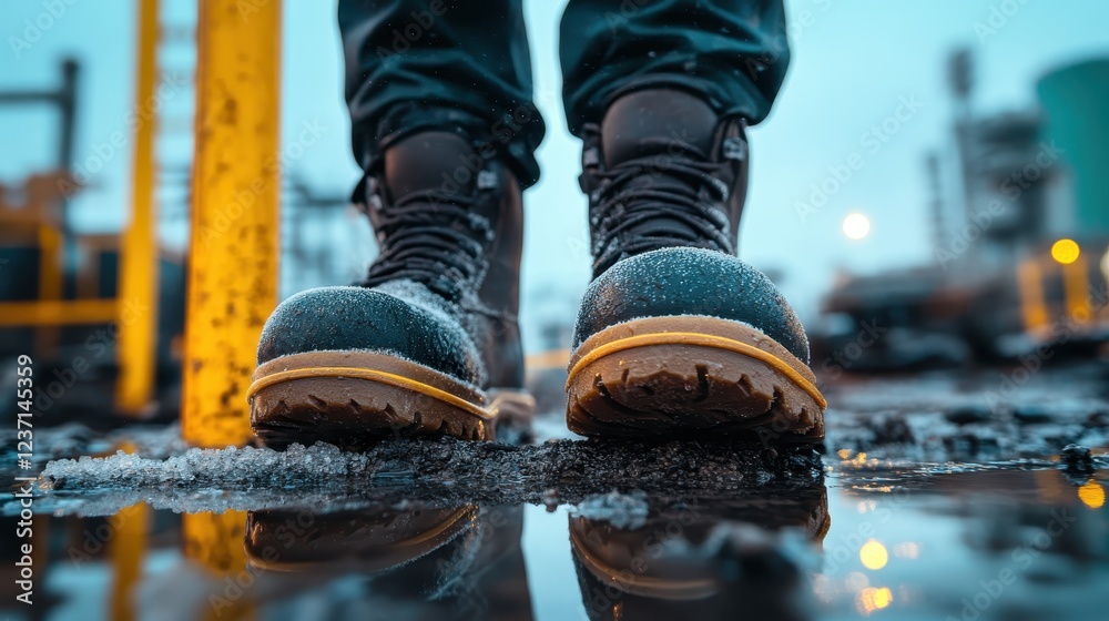A close-up shot of sturdy boots on a slick, wet surface, emphasizing their design, craftsmanship, and the vibrant industrial environment that surrounds them. A close-up shot of sturdy boots on a slick, wet surface, emphasizing their design, craftsmanship, and the vibrant industrial environment that surrounds them.