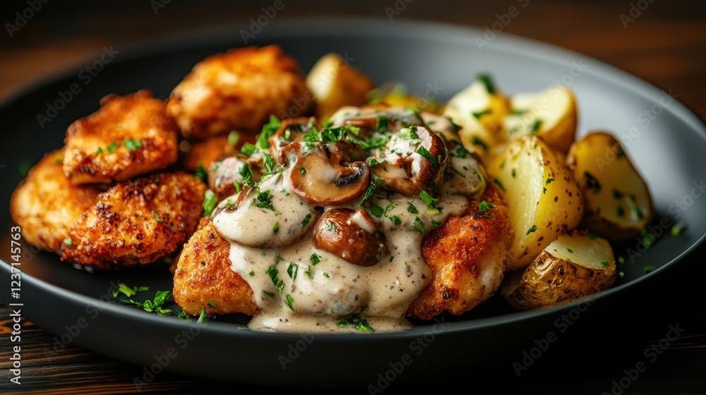 An exquisite dish featuring succulent chicken cutlets topped with creamy mushroom sauce, complemented by roasted baby potatoes, representing culinary excellence and flavor. An exquisite dish featuring succulent chicken cutlets topped with creamy mushroom sauce, complemented by roasted baby potatoes, representing culinary excellence and flavor.