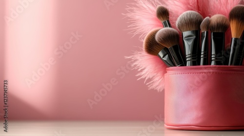 A collection of professional makeup brushes elegantly arranged in a stylish holder against a soft pink background, symbolizing beauty, artistry, and creativity.