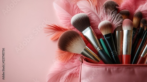 A vibrant arrangement of makeup brushes nestled in a chic pink pouch, highlighting the beauty tools essential for creating stunning looks with flair and creativity.