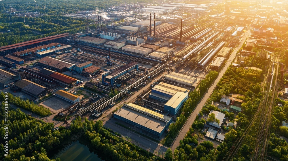 Obraz premium Aerial View of Industrial Complex Surrounded by Lush Greenery