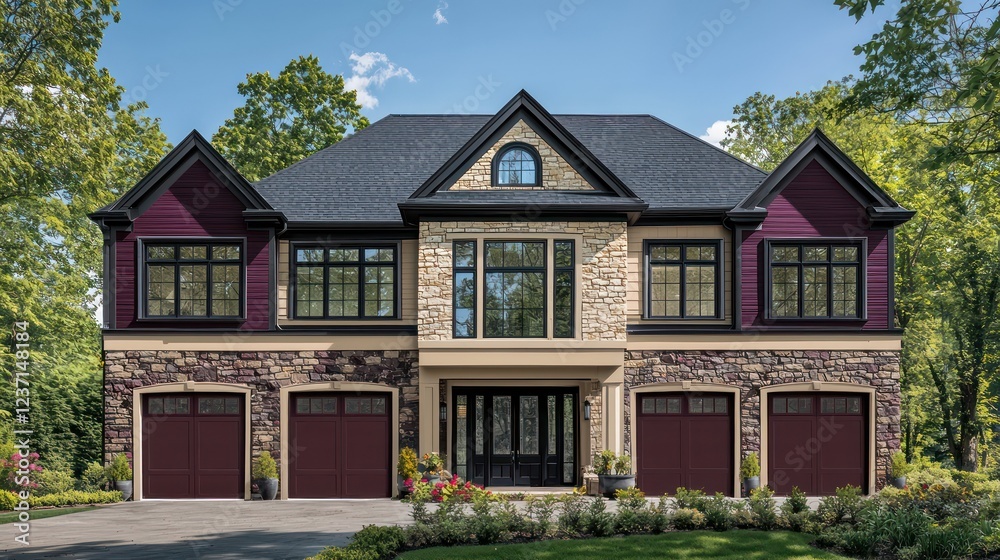 A stately home with a deep burgundy stone facade and matte black window trim A stately home with a deep burgundy stone facade and matte black window trim