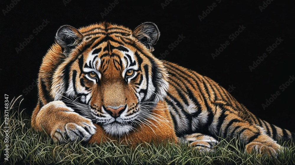 Majestic Tiger Relaxing in Lush Grass with Dark Background Majestic Tiger Relaxing in Lush Grass with Dark Background