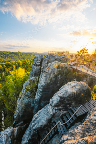 Sunset of rock castle Schauenstein, saunstejn from 14-th century, Bohemian Switzerland, Czech Republic photo