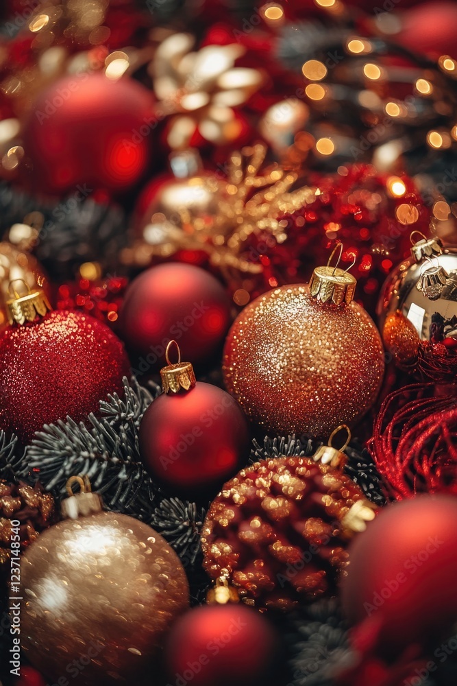 This is a close-up view of colorful Christmas ornaments and decorations, evoking a festive holiday spirit. This is a close-up view of colorful Christmas ornaments and decorations, evoking a festive holiday spirit.