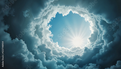 Swirling clouds in hurricane eye with sunlight above, surreal power