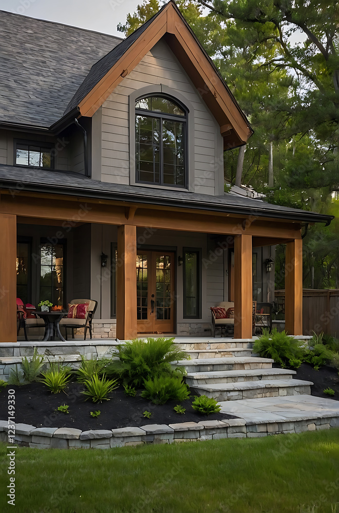 Obraz premium Modern Gray House with Wooden Porch and Stone Steps. Luxury Real Estate, Contemporary Home Exterior Design, Beautiful Landscaping