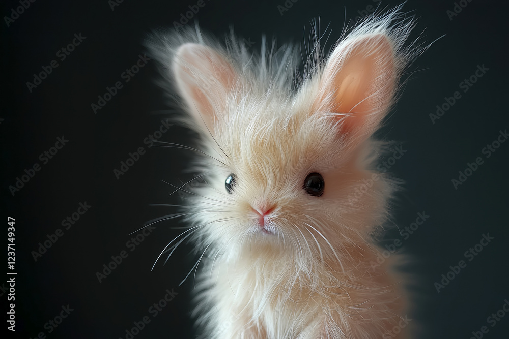 Obraz premium Fluffy bunny with light fur and large ears sits adorably in front of a dark background, showcasing its playful personality in a cozy indoor location, perfect for animal lovers.